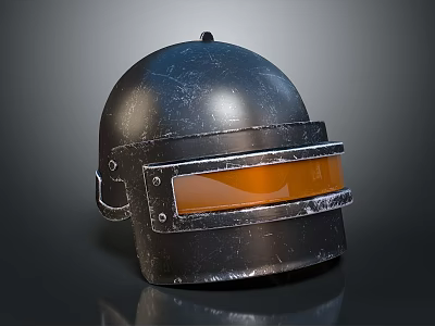 Tactical Metallic Helmet With Orange Visor And Worn Surface Texture Design 3d model