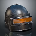 Tactical Metallic Helmet With Orange Visor And Worn Surface Texture Design