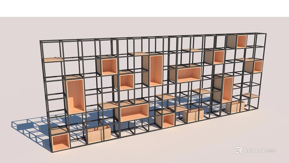 Modern Decorative Shelf Unit With Black Metal Frame And Wooden Storage Compartments 3d model 