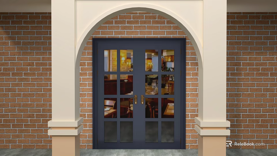 Double Doors With Glass Panes In Arched Frame Against Brick Wall Exterior 3d model 