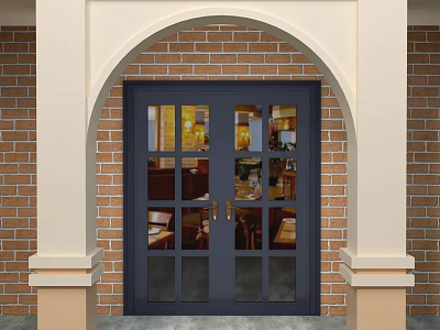 Double Doors With Glass Panes In Arched Frame Against Brick Wall Exterior 3d model