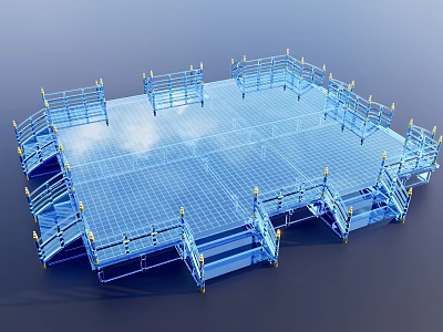 Blue Stage Structure With Fenced Railings Staircases And Grid Floor Design 3d model