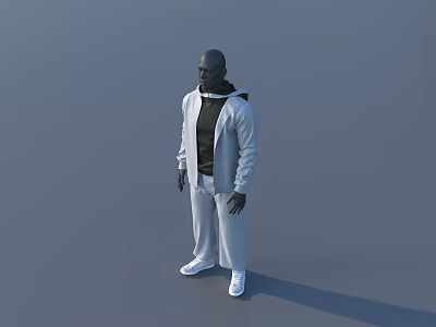 Male Model In Gray Hooded Jacket Black Shirt Gray Pants White Shoes Standing Gray Background 3d model