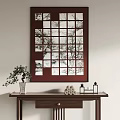 Traditional Chinese Decorative Scene With Dark Wooden Frame Window And Potted Plant On Table