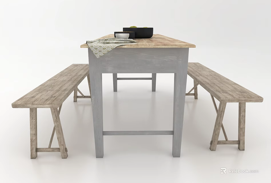 Rustic Wooden Dining Table Set With Gray Legs And Matching Benches 3d model 