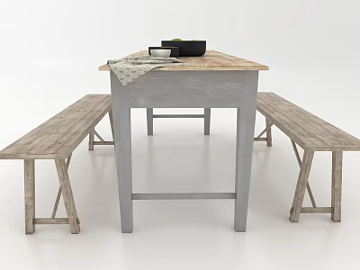Rustic Wooden Dining Table Set With Gray Legs And Matching Benches 3d model