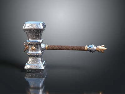 Ornate Metal Hammer With Silver Head Brown Braided Handle And Gold Accents 3d model