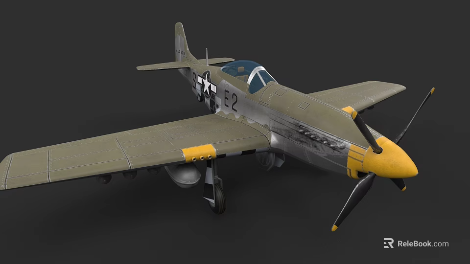 WWII Military Aircraft Weapon Featuring Green Yellow Body Wing Insignia E2 Marking And Fighter Propeller 3d model 