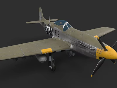 WWII Military Aircraft Weapon Featuring Green Yellow Body Wing Insignia E2 Marking And Fighter Propeller 3d model