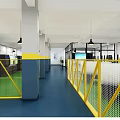 Factory Workshop Interior With Yellow Fences Machine Tools Green Floor And Hanging Lamps