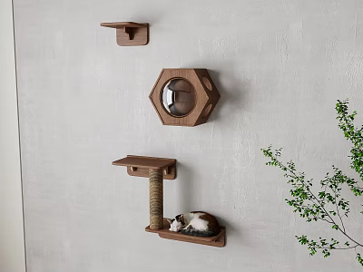 Wooden Cat Wall Furniture with Hexagon House Scratching Post and Resting Platform with Green Plant 3d model