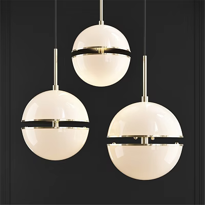 Three Modern Spherical Pendant Lights With White Shades Black Bands And Golden Frames 3d model