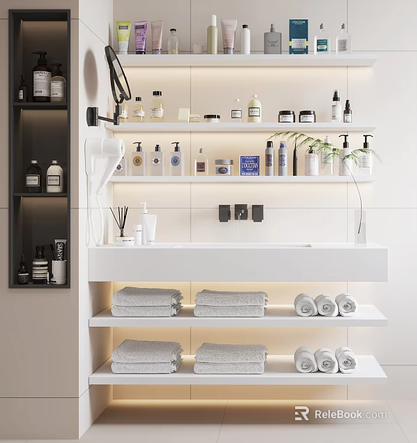 Modern Bathroom Accessories Organized on Shelves With Towels And Toiletries 3d model 