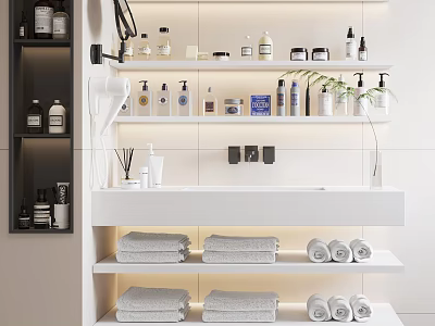 Modern Bathroom Accessories Organized on Shelves With Towels And Toiletries 3d model