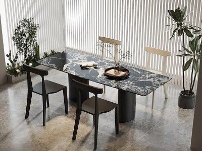 Modern Dining Table Set With Marble Tabletop Black Legs And Chairs In Bright Space 3d model