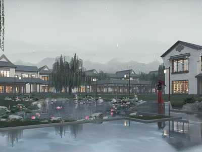 Chinese Garden Landscape with Traditional Chinese Architecture Pond Lotus Flowers Weeping Willows and Lantern Reflections 3d model