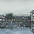 Chinese Garden Landscape with Traditional Chinese Architecture Pond Lotus Flowers Weeping Willows and Lantern Reflections