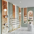 Modern Boutique Interior Design With Circular Mirrors Gold Display Shelves Marble Counter And Terrazzo Floor