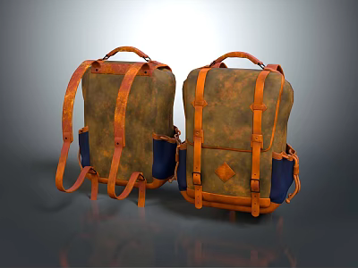 Two Brown Backpacks with Orange Straps and Blue Pockets Vintage Style for Outdoor Travel 3d model