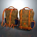 Two Brown Backpacks with Orange Straps and Blue Pockets Vintage Style for Outdoor Travel