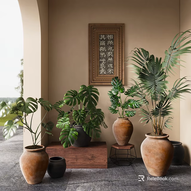 Various Indoor Bonsai Potted Plants in Terracotta Pots with Wooden Table and Chinese Calligraphy Art 3d model 