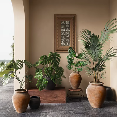 Various Indoor Bonsai Potted Plants in Terracotta Pots with Wooden Table and Chinese Calligraphy Art 3d model
