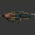 Futuristic Weapon with Orange Barrel Blue Body Mechanical Components and Red Indicator Lights