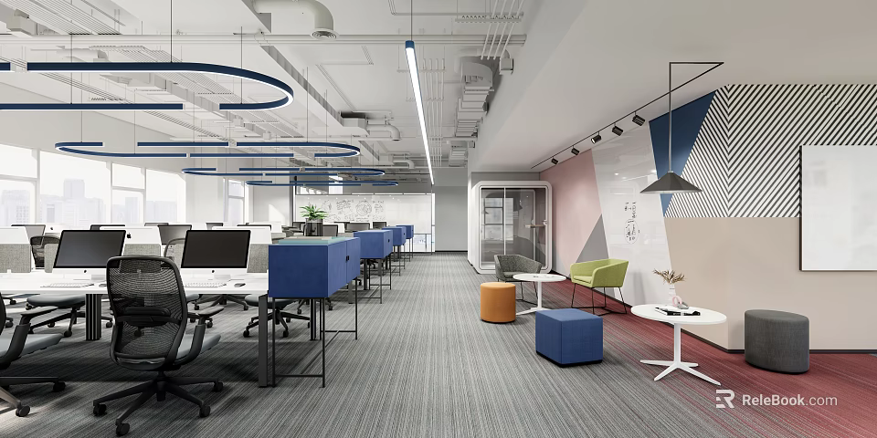 Modern Public Office Workspace With Desks Computers Circular Lights Geometric Walls And Lounge Seating 3d model 
