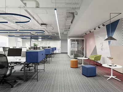 Modern Public Office Workspace With Desks Computers Circular Lights Geometric Walls And Lounge Seating 3d model
