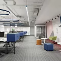 Modern Public Office Workspace With Desks Computers Circular Lights Geometric Walls And Lounge Seating