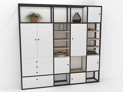 Modern Storage Cabinet With Black Frame White Doors Shelves Potted Plant Vase And Books 3d model