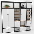 Modern Storage Cabinet With Black Frame White Doors Shelves Potted Plant Vase And Books