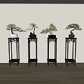 Potted Bonsai Trees Arranged on Chinese style Wooden Stands with Light Wall Background