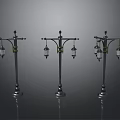 Vintage Street Lamps With Multiple Lanterns And Shiny Bases Against Dark Background