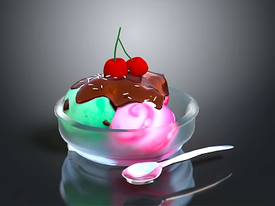 Delicious Colorful Ice Cream in Glass Bowl with Chocolate Sauce and Cherries Served with Spoon 3d model