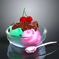 Delicious Colorful Ice Cream in Glass Bowl with Chocolate Sauce and Cherries Served with Spoon