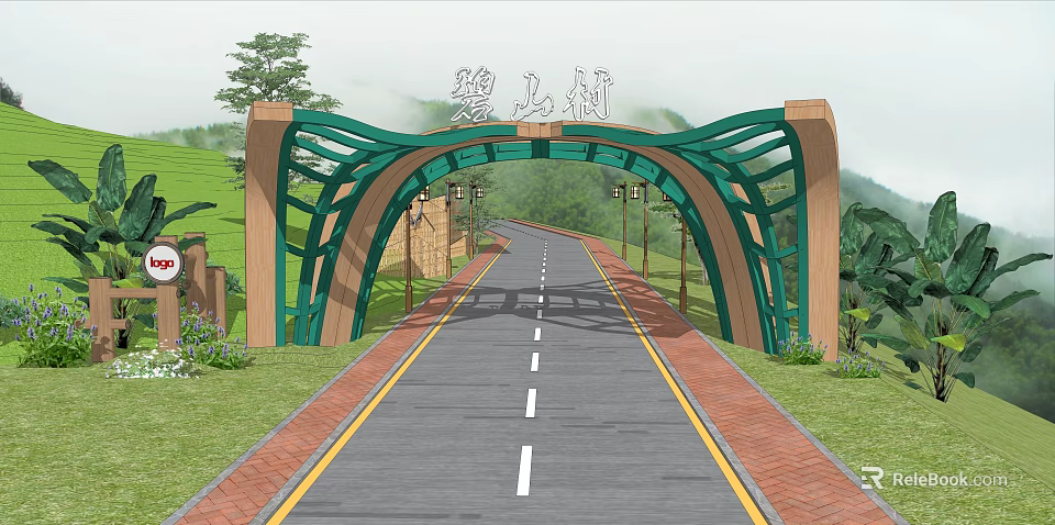 Scenic Village Entrance Gate With Green Frame Mountain View And Road 3d model 