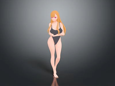 Woman With Long Blonde Hair And Pink Eyes Wearing Black One-Piece Swimsuit Standing Barefoot 3d model