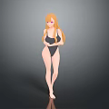 Woman With Long Blonde Hair And Pink Eyes Wearing Black One-Piece Swimsuit Standing Barefoot