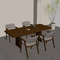 Minimalist Dining Room With Wooden Table Four Chairs Fruit Plate And Tall Plant