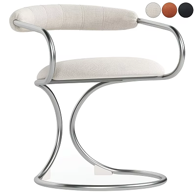 Single Chair with Curved Chrome Metal Frame and Beige Fabric Seat Modern Home Decor 3d model