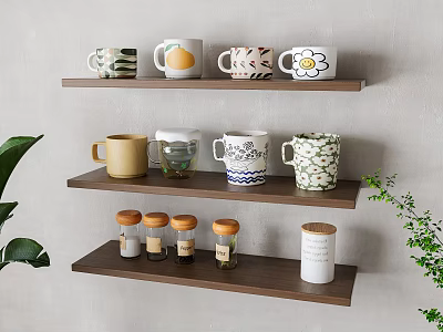 Wall Mounted Wooden Shelves With Various Designed Mugs And Green Plants 3d model