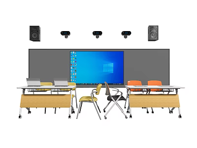 Classroom Tables And Chairs Set With Large Screen Cameras And Speakers 3d model