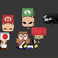Pixel Style Mario Character Dolls with Mushroom and Racing Car Accessories in Colorful Design