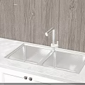 Stainless Steel Double Bowl Kitchen Sink With Faucet On Marble Countertop