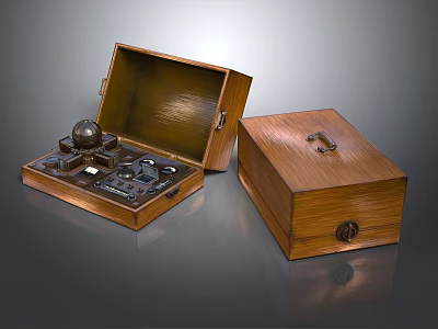 Antique Wooden Box Open With Metal Components And Closed Storage Case 3d model