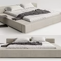 Modern Minimalist Double Bed With Light Colored Frame White Pillows Dark Blanket And Side Table 3d model