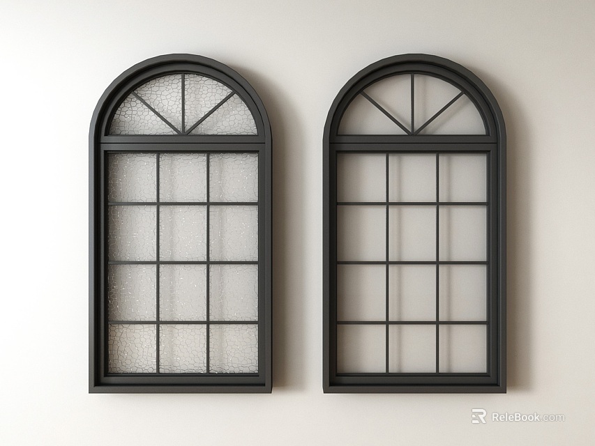 Two Black Casement Windows With Arched Top Grid Panes And Frosted Glass 3d model 