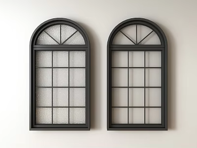 Two Black Casement Windows With Arched Top Grid Panes And Frosted Glass 3d model