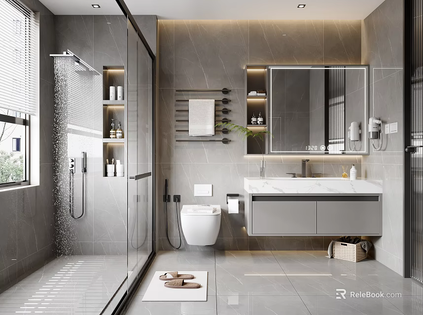 Modern Bathroom Interior With Gray Tiles Glass Shower Wall Mounted Toilet And Vanity Mirror 3d model 